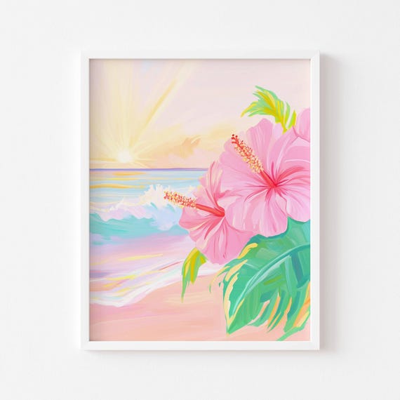 Beach And Hibiscus Flower Art Print Coastal Wall Art Pastel Poster Beach Decor Tropical Flower And Beach Poster