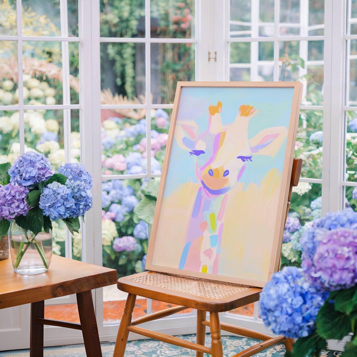 Cheerful Pastel Giraffe Face in Soft Rainbow Brushstrokes Poster - Image 4