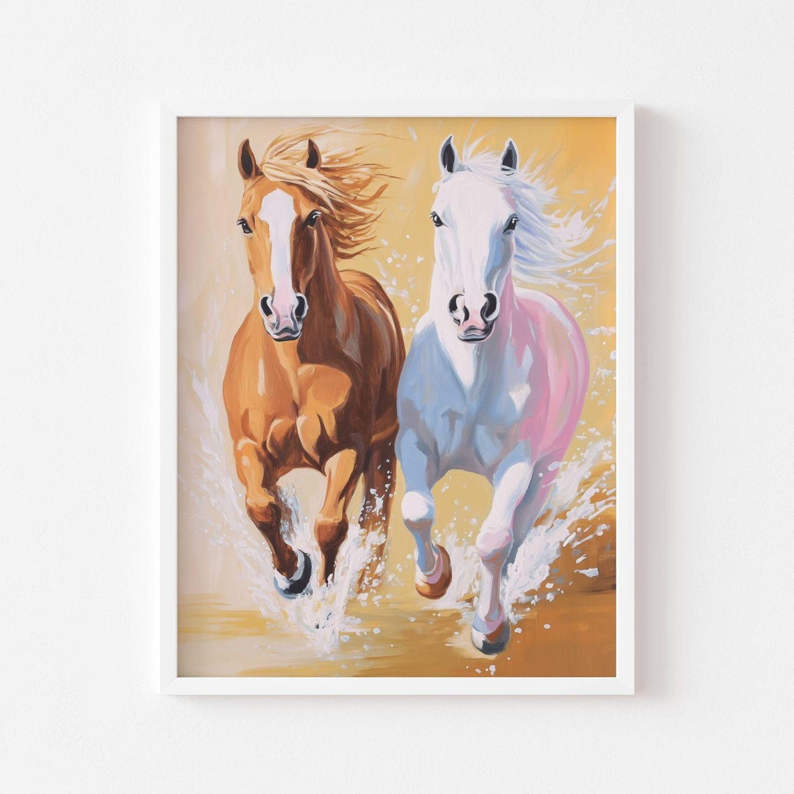 Two Galloping Horses Chestnut And White Splashing Water Poster