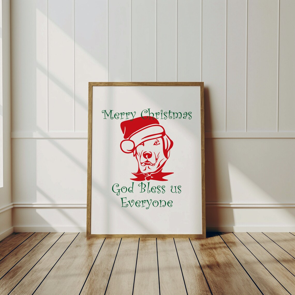 Merry Christmas Santa Hat Dog God Bless Us Everyone Wall Art