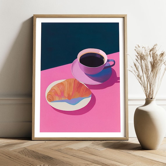 Croissant And Coffee Cup Bold Pop Art Pink Kitchen Cafe Decor Poster