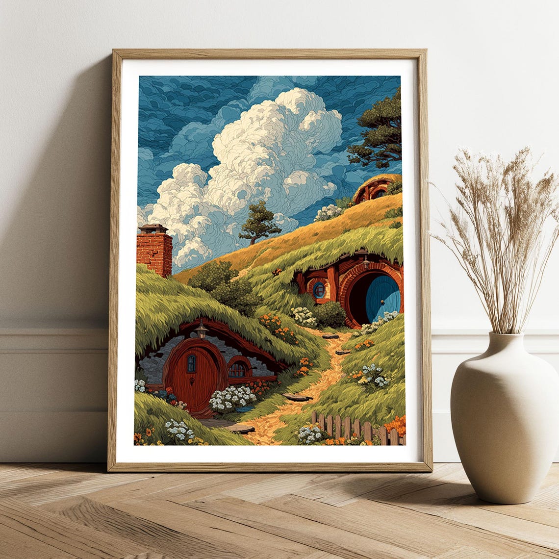 Hillside Hobbit Homes Cozy Fantasy Shire Art Print Hole Poster