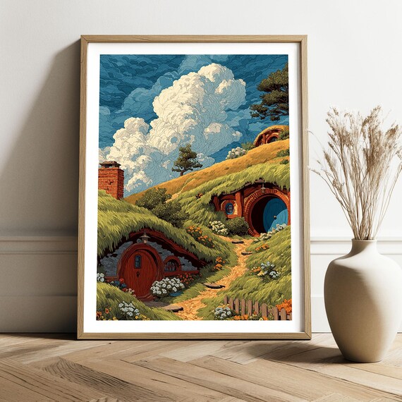 Hobbit Hole Hillside Shire Fantasy Cottage Illustration Poster
