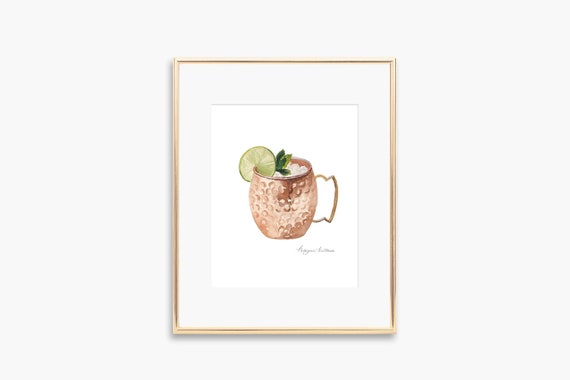 Moscow Mule Watercolor Art Print, Bar Decor