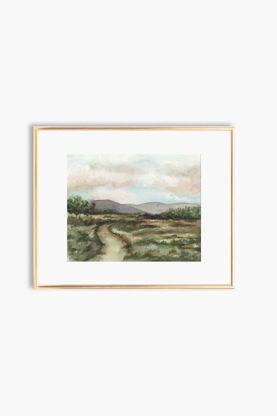 Neutral Watercolor Landscape Art Print, Meadow Path