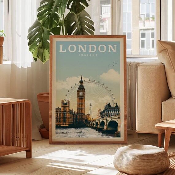 London Vintage Skyline Travel Poster, England UK