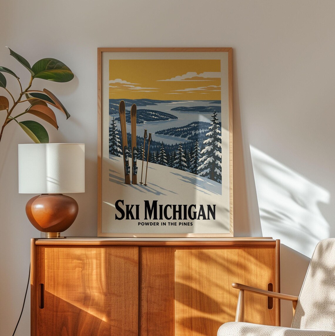Michigan Ski Poster, Vintage Midwest Cabin Decor