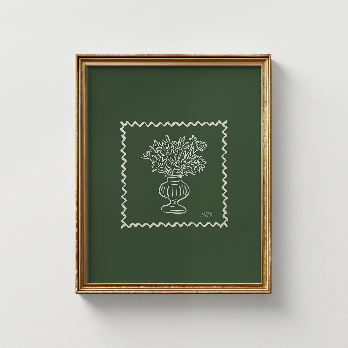 Cream Floral Urn Zigzag Stamp Border Forest Green Botanical Poster