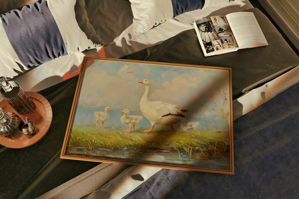 Mother Goose and Goslings Vintage Spring Pond Pastel Oil Painting Poster - Image 3