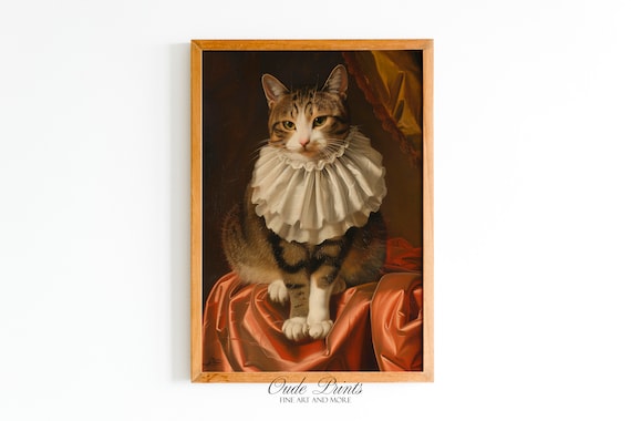 Tabby Cat Wearing Elizabethan Ruff Collar Vintage Oil Painting Poster