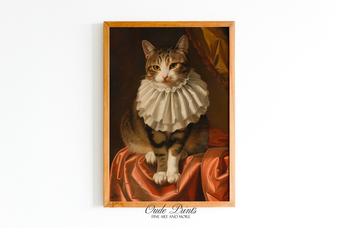 Tabby Cat Wearing Elizabethan Ruff Collar Vintage Oil Painting Poster