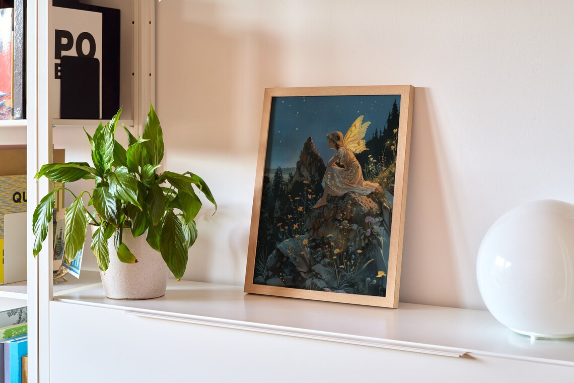Night Fairy Gazing at Stars on Rock Vintage Teal Postcard Poster - Image 2