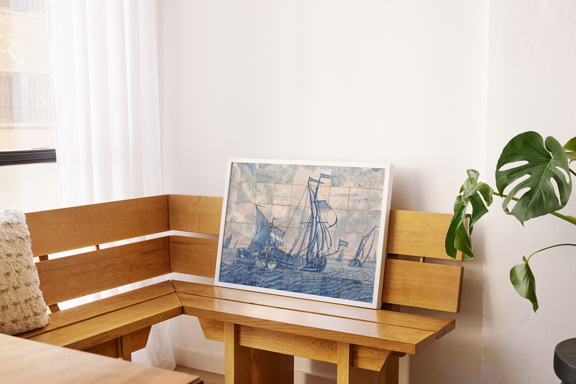 Delft Blue Dutch Tile Sailing Ship Antique Ceramic Seascape Art Poster - Image 2