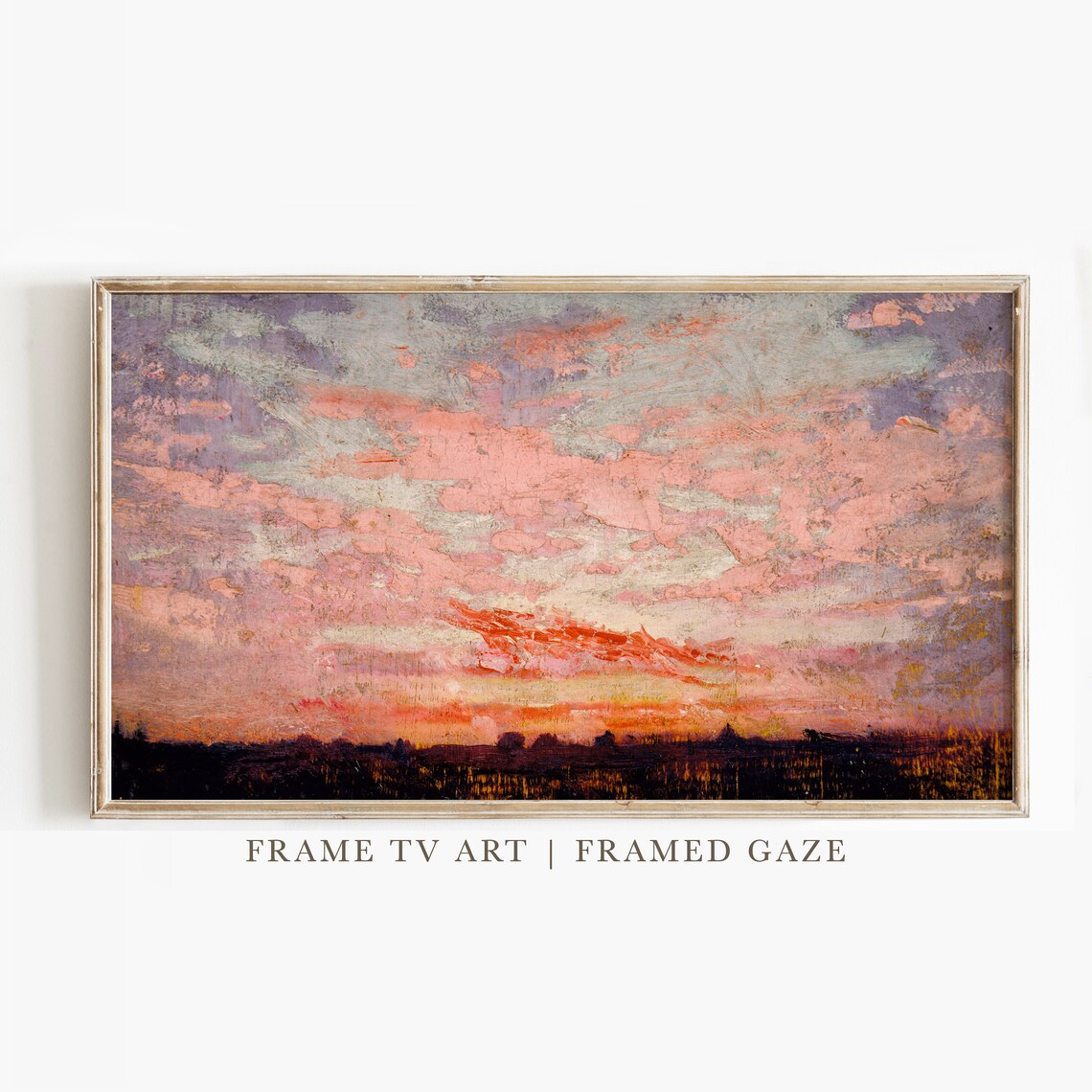 Vintage Sunset Sky Coral Rose Gold Field Impressionist Evening Painting Poster