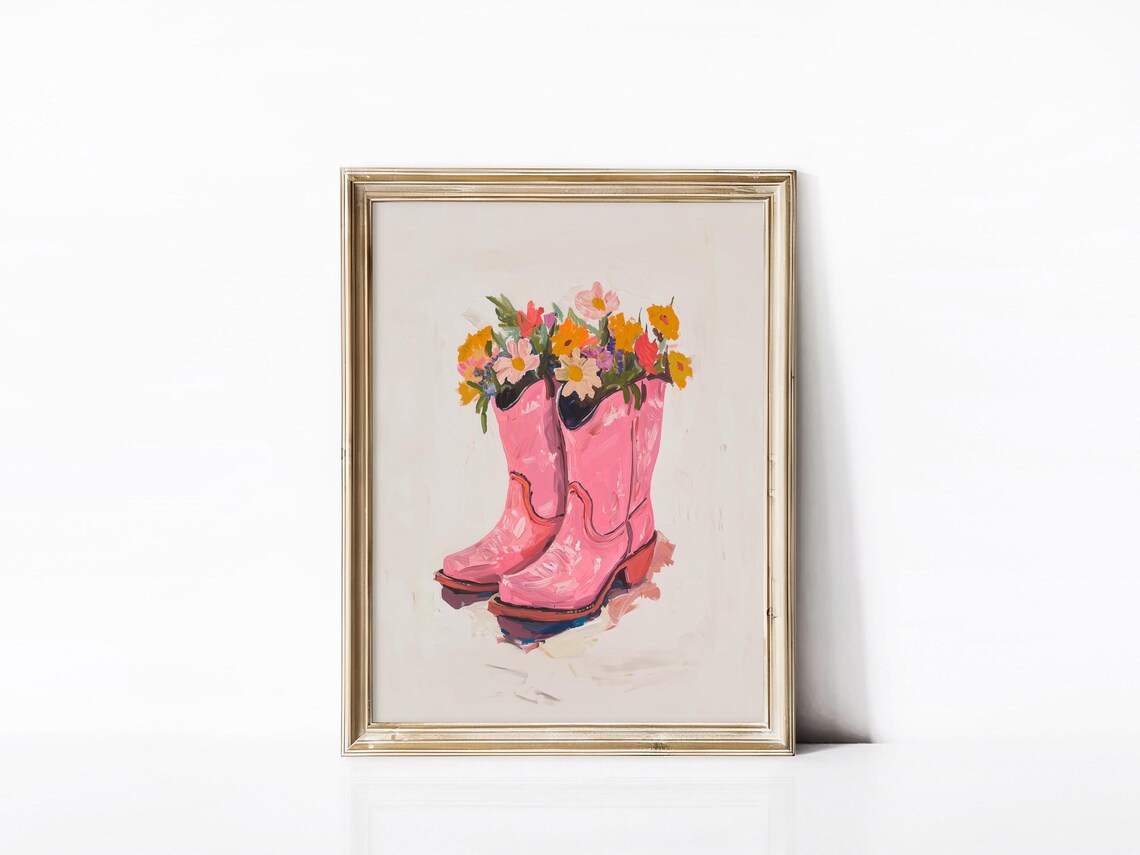 Pink Cowgirl Boots Bouquet Western Wildflowers Girly Wall Art Poster - Image 4