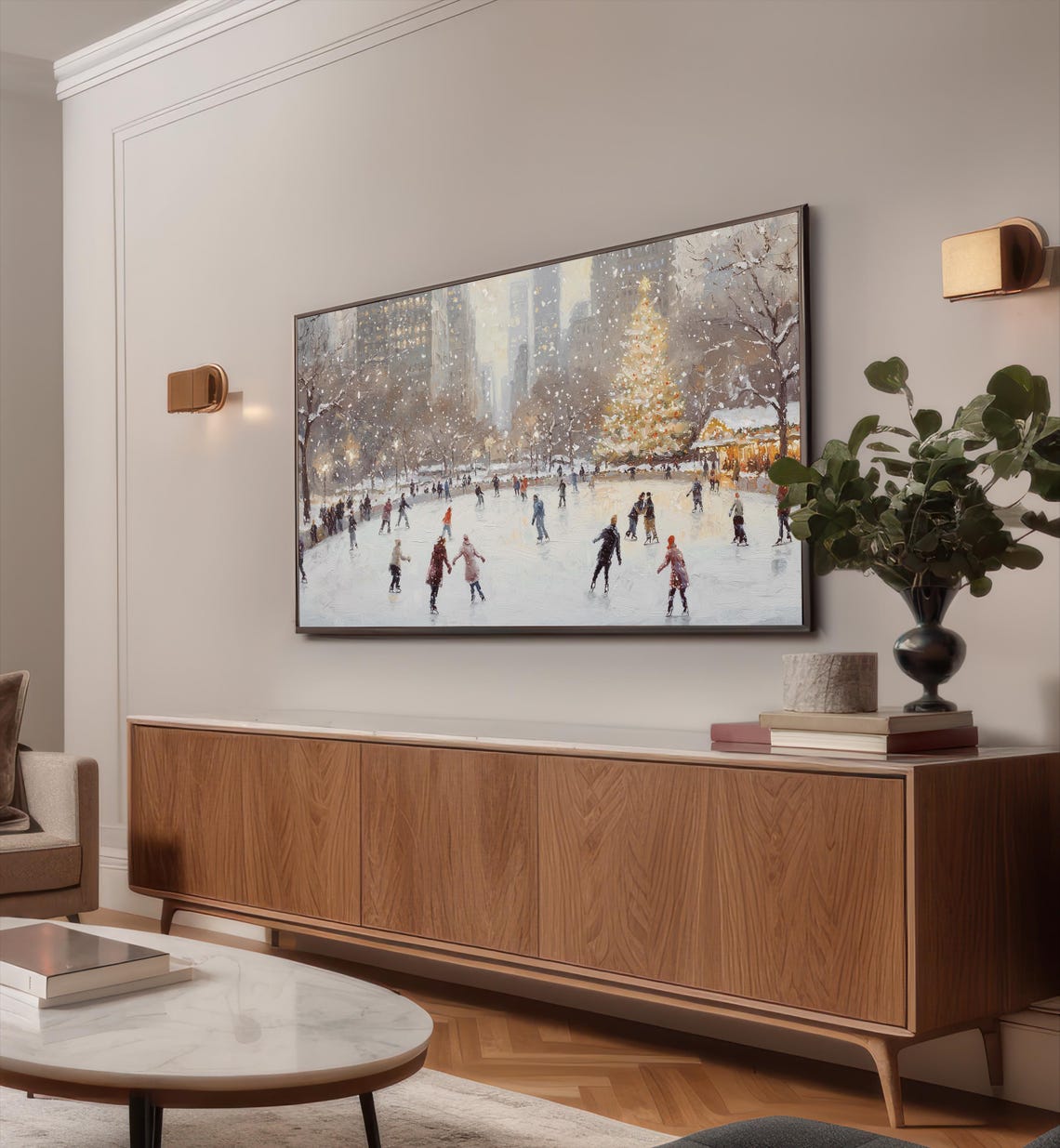 Snowy City Ice Skating Rink Christmas Tree Winter Holiday Wall Art - Image 2