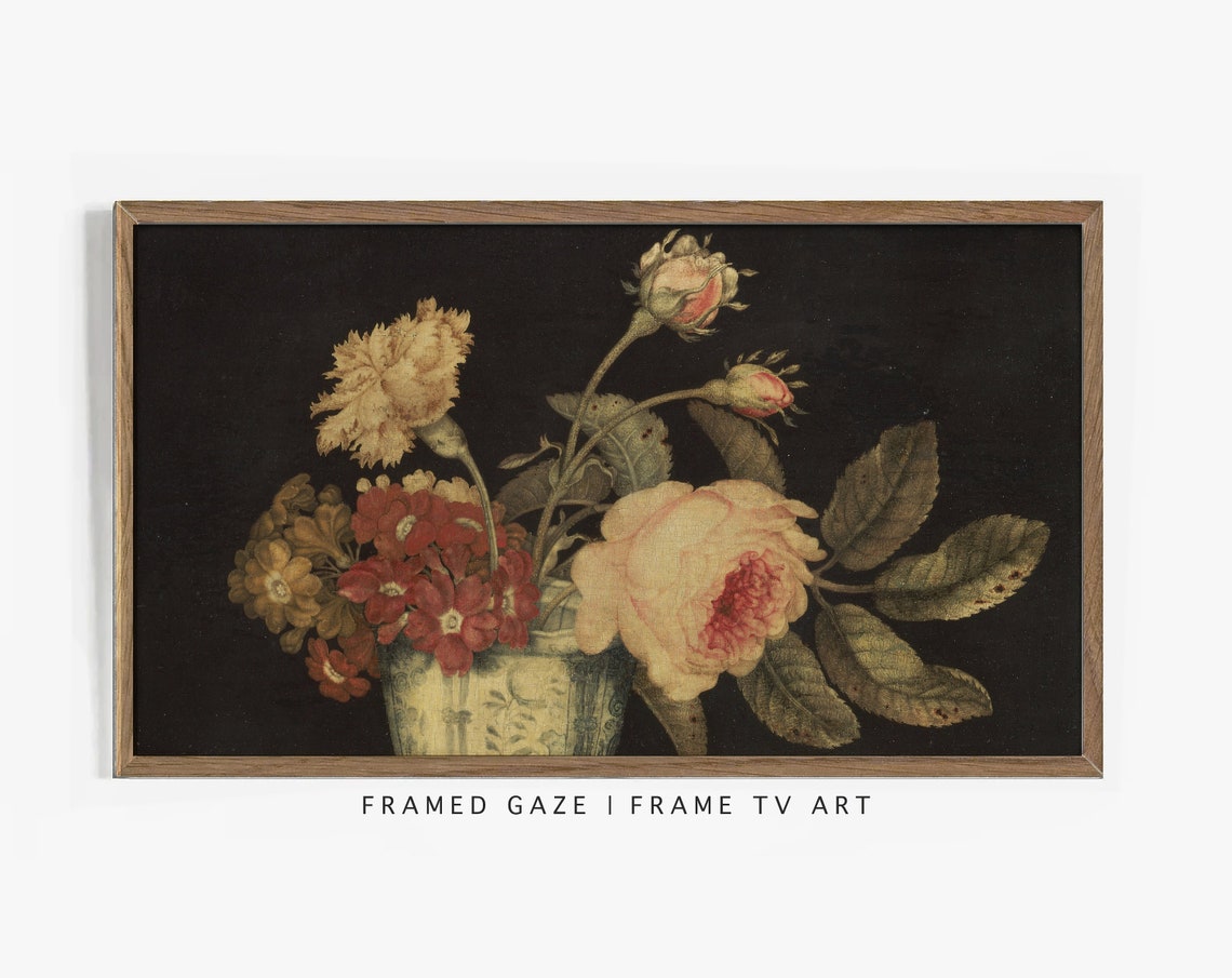 Vintage Rose And Carnation Still Life Dark Floral Frame TV Wall Art - Image 3