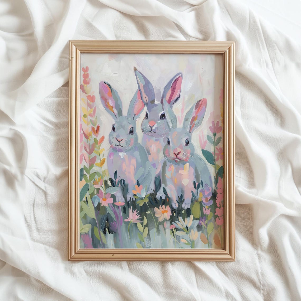 Three Grey Bunnies Pastel Flower Meadow Easter Spring Wall Art - Image 4