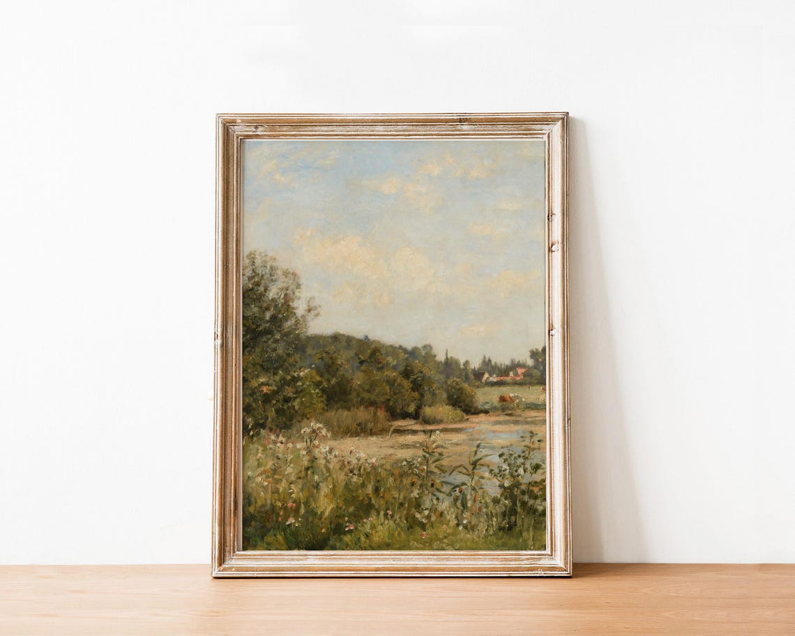 Vintage Riverside Meadow Impressionist Wildflowers Landscape Poster
