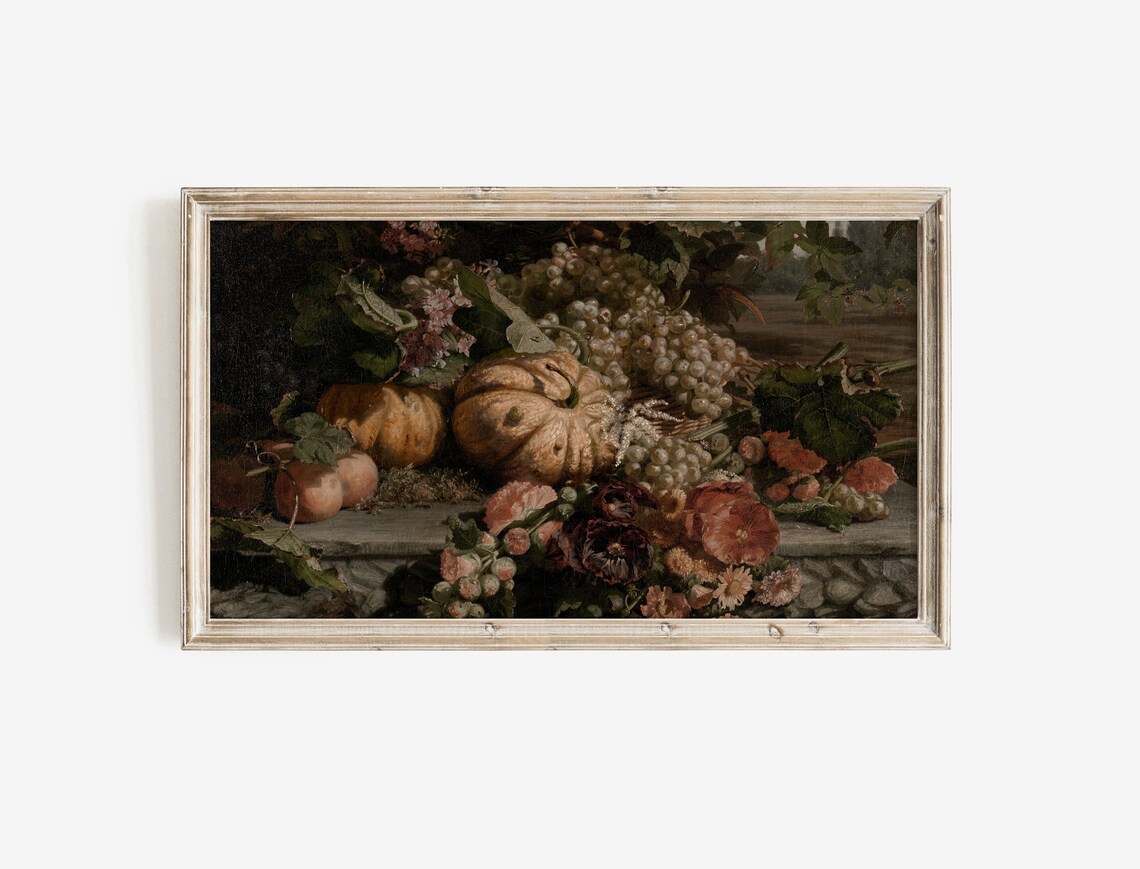 Vintage Autumn Harvest Still Life Pumpkins Grapes Flowers Rich Oil Painting Art - Image 3