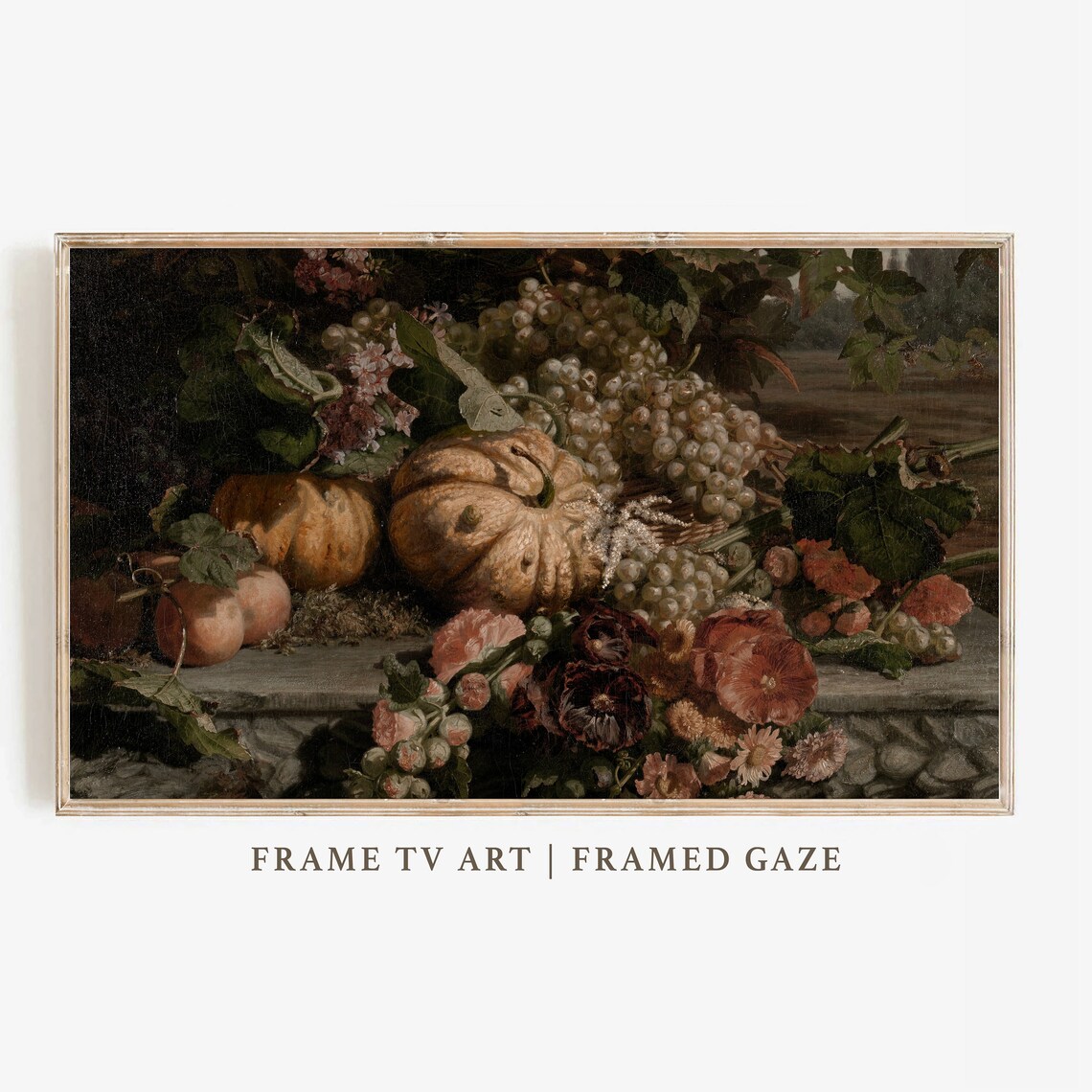 Vintage Autumn Harvest Still Life Pumpkins Grapes Flowers Rich Oil Painting Art