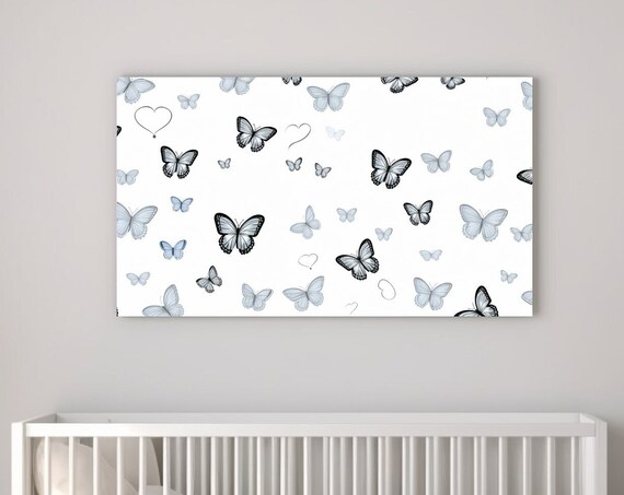 Soft Blue Butterfly Nursery Hearts White Background Art Poster