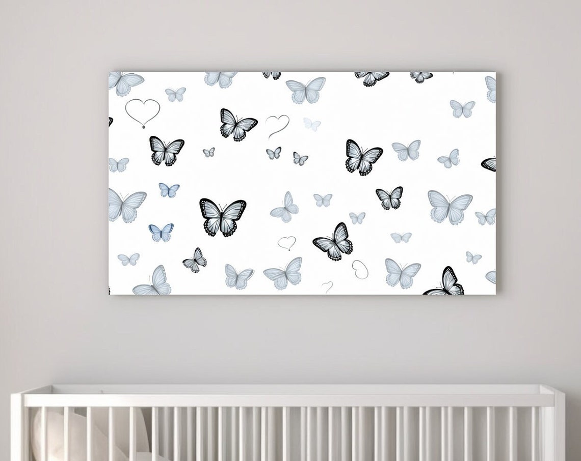 Soft Blue Butterfly Nursery Hearts White Background Art Poster