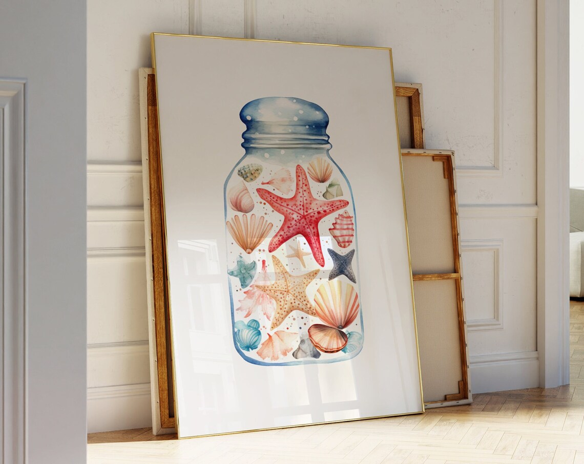 Watercolor Starfish And Seashells In Tall Mason Jar Coastal Poster - Image 4