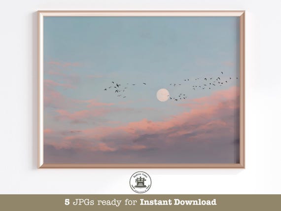 Sunset Sky Art Print, Japandi Moon Birds Landscape