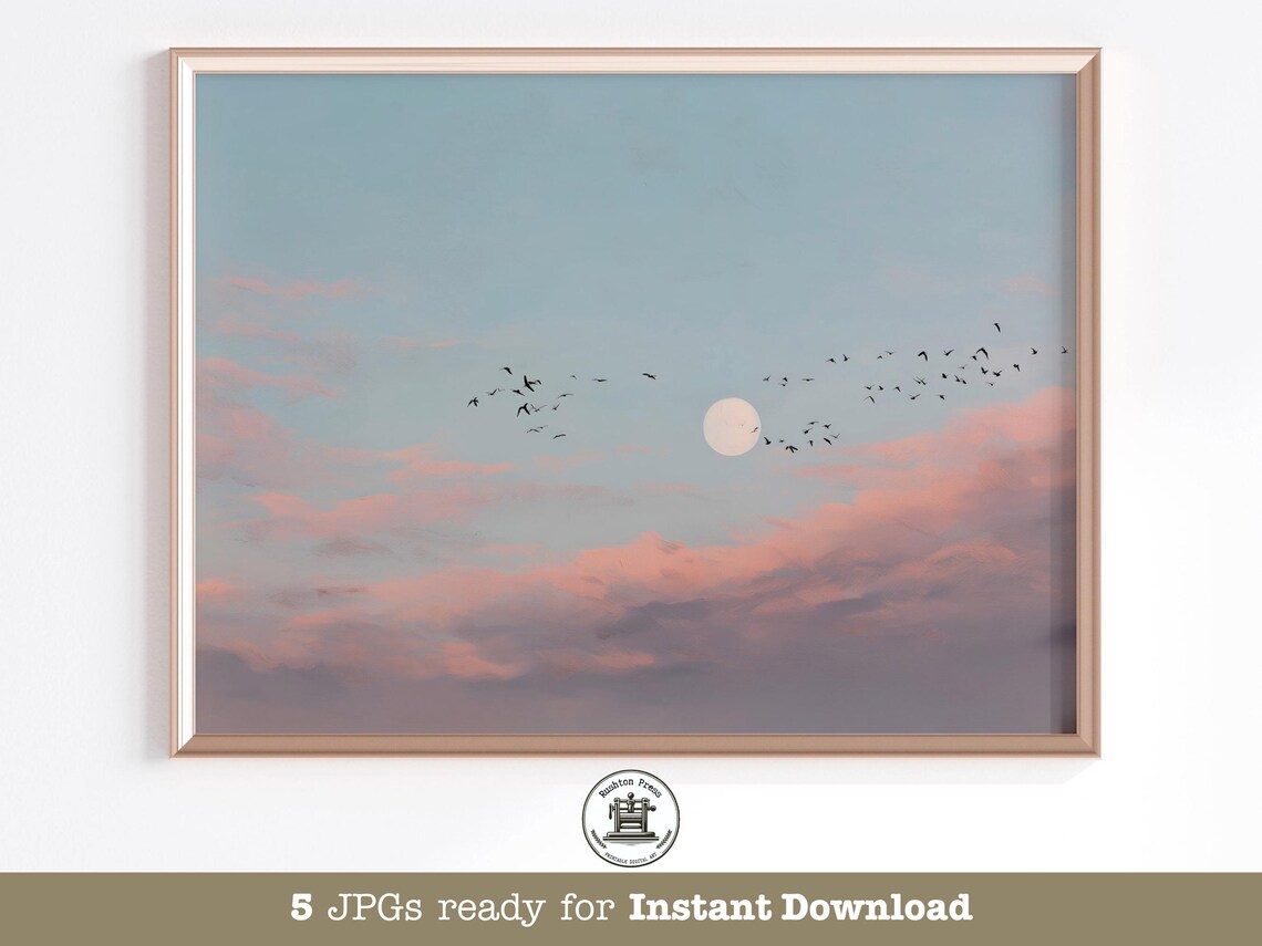 Sunset Sky Art Print, Japandi Moon Birds Landscape