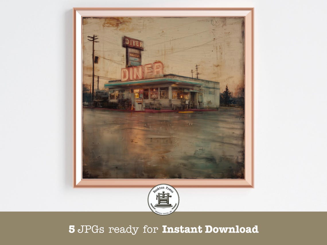 Retro American Diner Neon Sign Rainy Night Nostalgic Wall Print