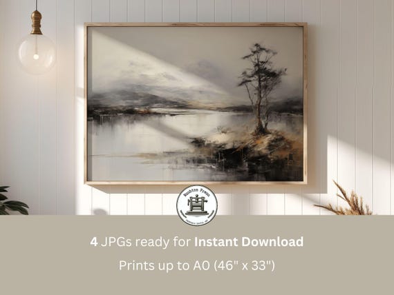 Winter Lakeside Mountain Painting Neutral Japandi Landscape