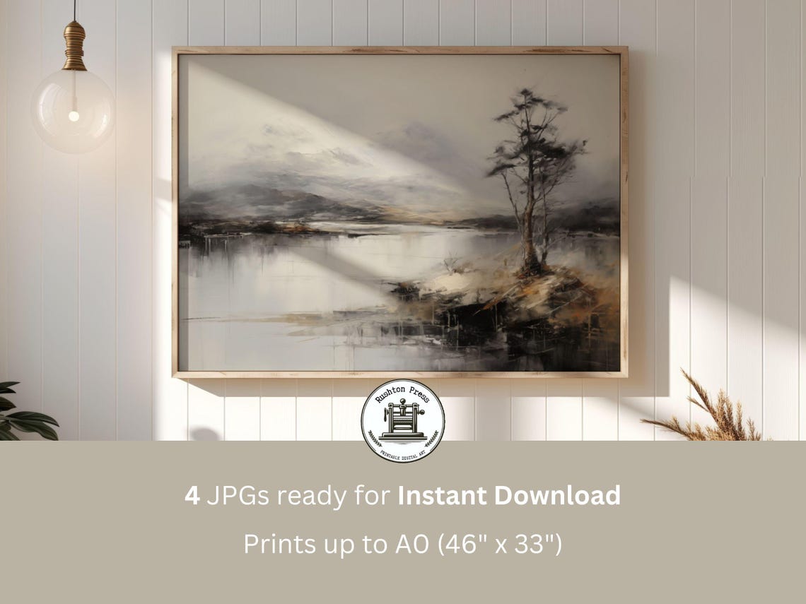 Winter Lakeside Mountain Painting Neutral Japandi Landscape Print