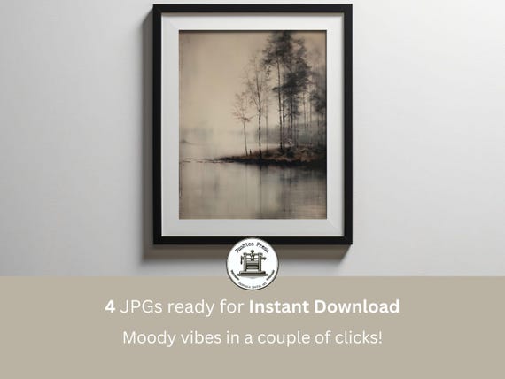 Vintage Lakeside Forest Painting Landscape Art Print Moody Atmospheric Lake Trees