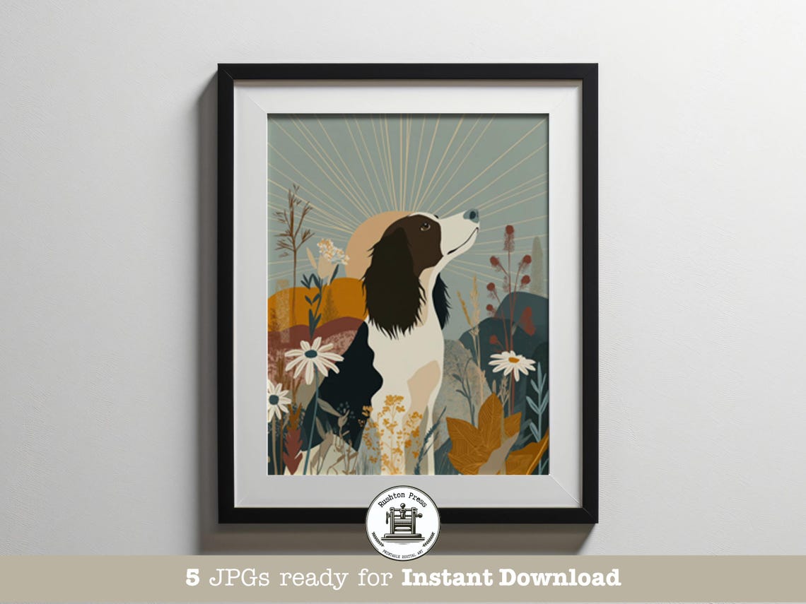 Mid Century Modern Springer Spaniel Dog Daisy Meadow Wall Art