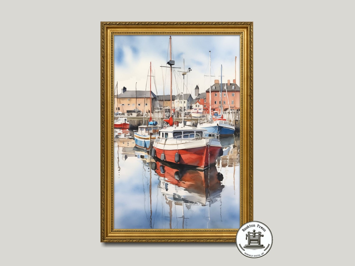 Watercolor Fishing Boats Red Harbor Reflections Coastal Poster