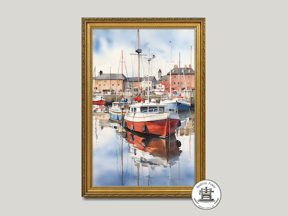 Watercolor Fishing Boats Red Harbor Reflections Coastal Poster