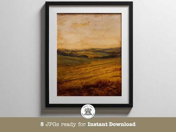 Golden Rolling Hills Moody Sunset Countryside Oil Painting Print