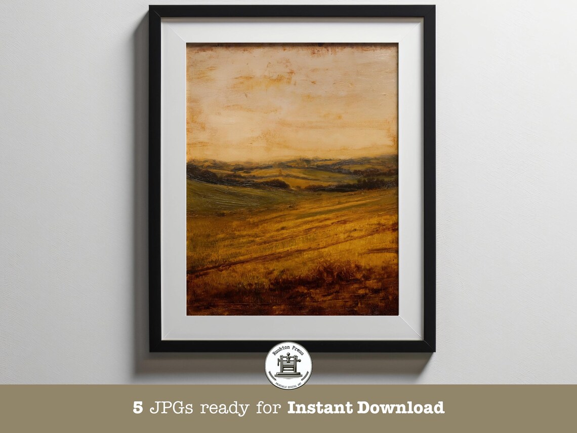 Golden Rolling Hills Moody Sunset Countryside Oil Painting Print