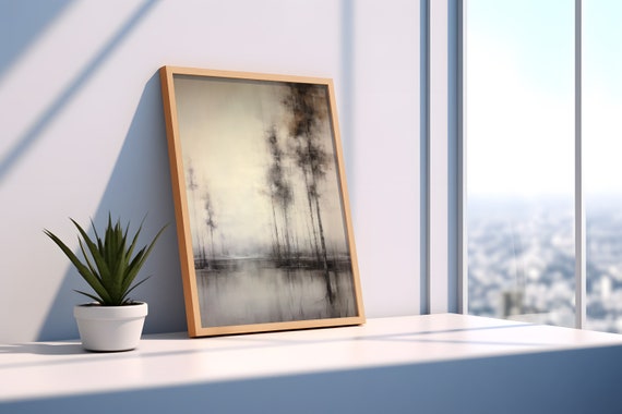Vintage Lakeside Forest Painting Landscape Art Print Moody Atmospheric