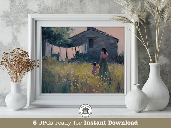 Provence Mother Daughter Meadow Cottage Pastel Countryside Art Print