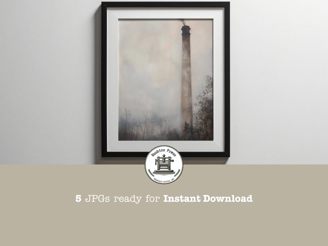Misty Factory Chimney Moody Industrial Landscape Painting Poster