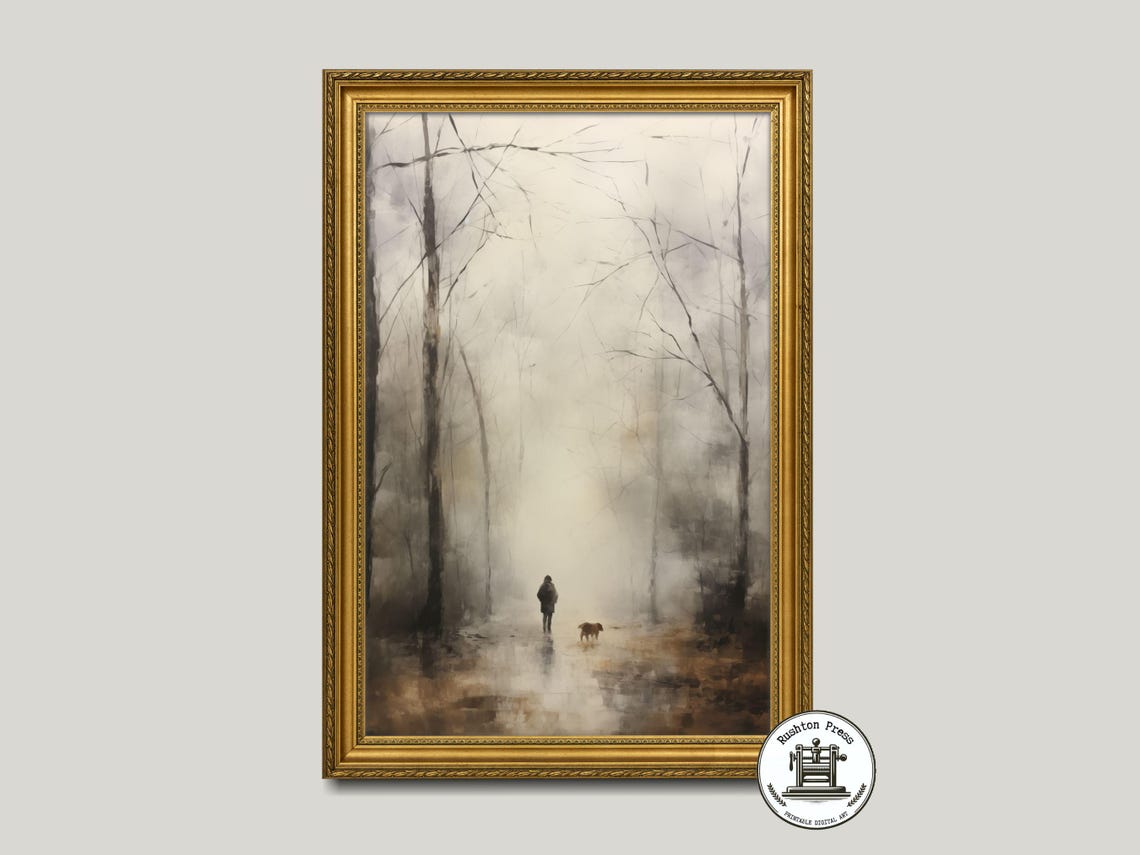 Misty Forest Path With Dog Walker Winter Watercolor Art Poster