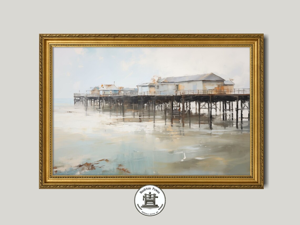 Vintage Seaside Pier Oil Painting Calm Coastal Waters Landscape Art Poster