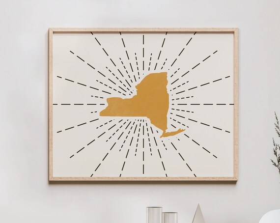 New York State Map Gold Silhouette Sunburst Line Boho Poster