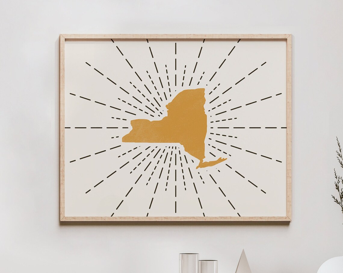 New York State Map Gold Silhouette Sunburst Line Boho Poster