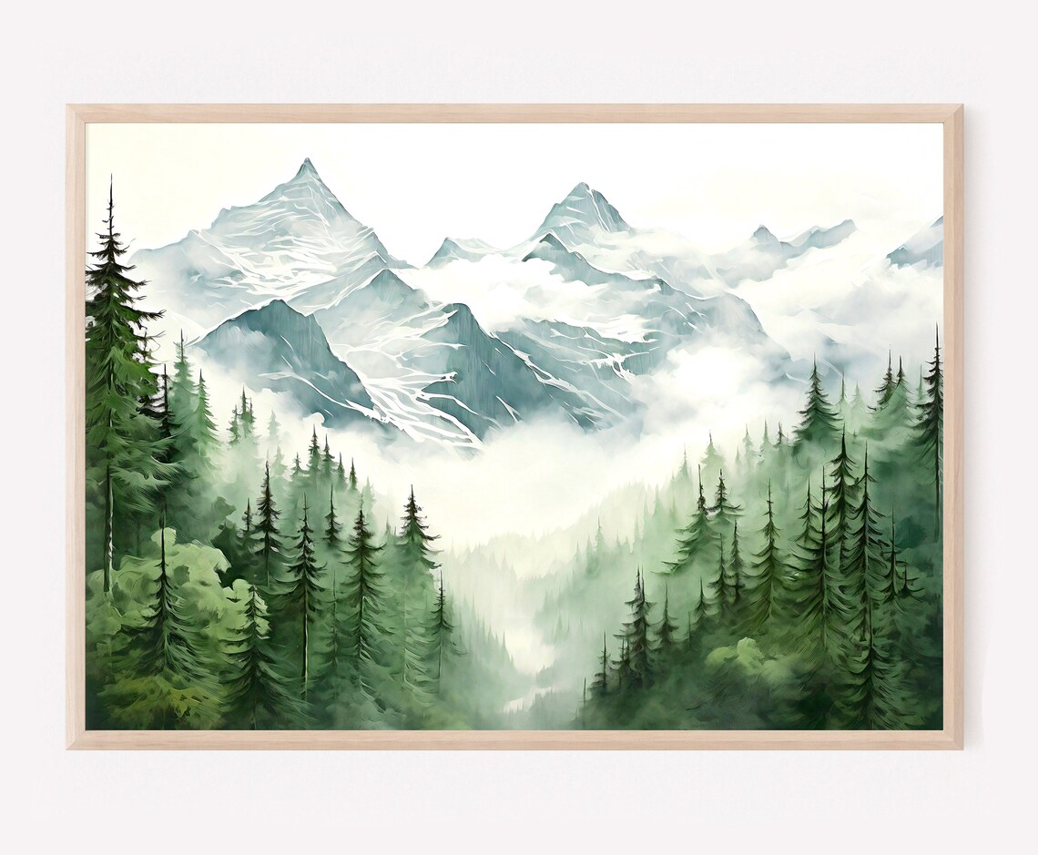 Misty Mountain Forest Foggy Pine Trees Watercolor Nature Poster