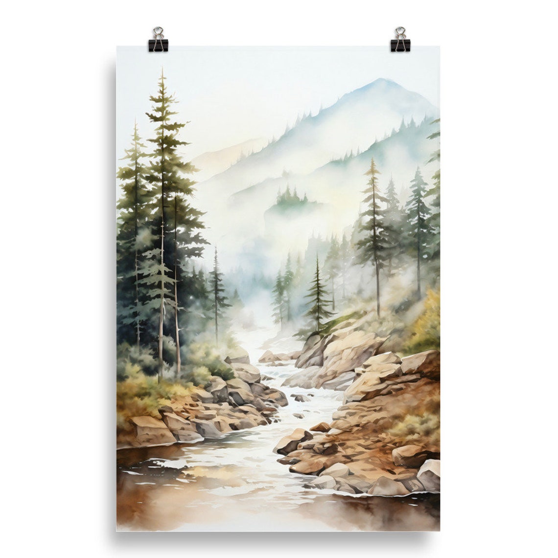 Misty Mountain Stream Watercolor with Pines and Soft Light Print - Image 5