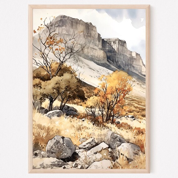 Guadalupe Mountains El Capitan Cliff Autumn Trees Watercolor Poster