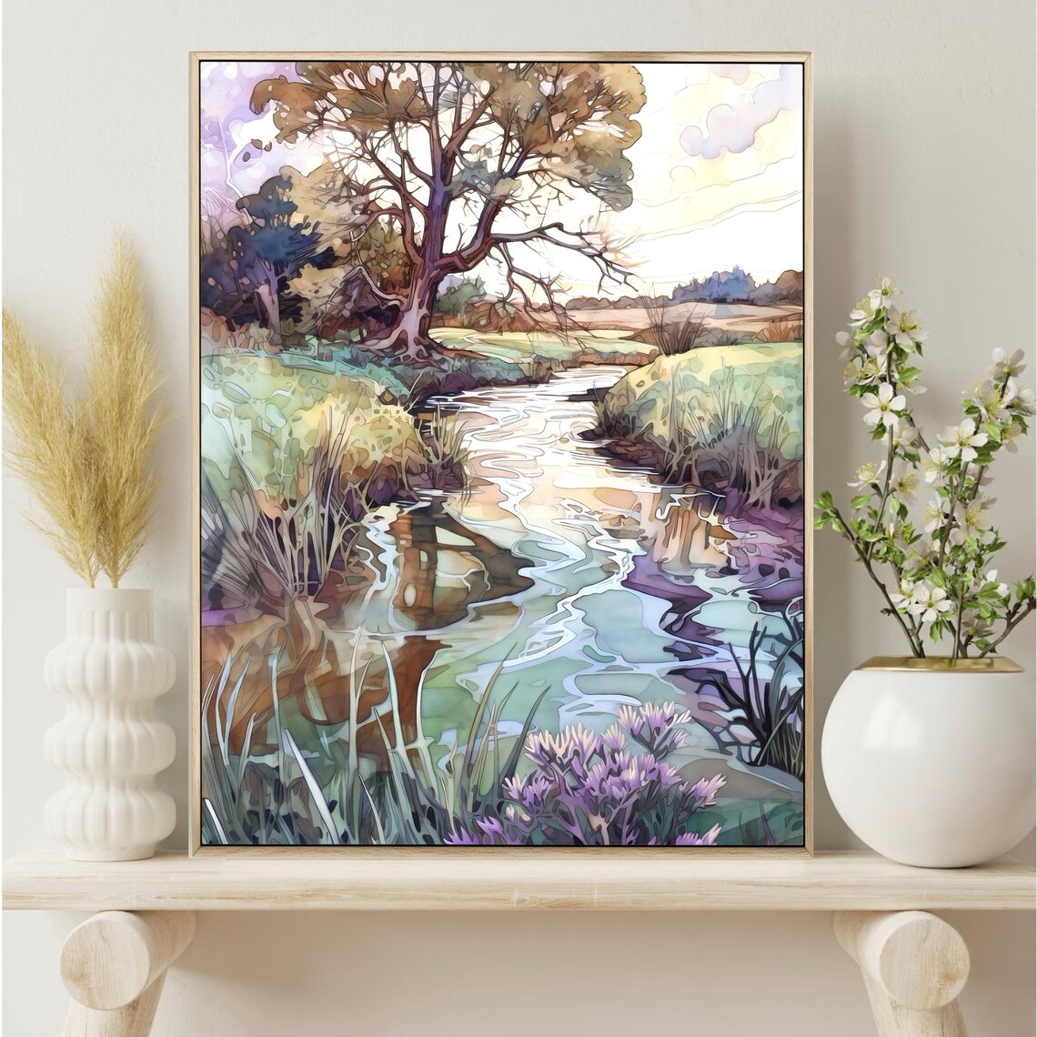 Purple Wildflowers by a Winding Stream Watercolor Landscape Poster - Image 2